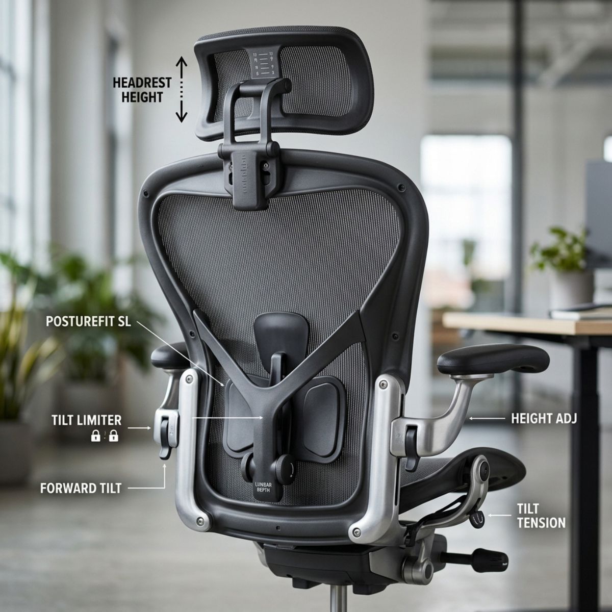 soporte lumbar y cervical en silla ergonómica de oficina